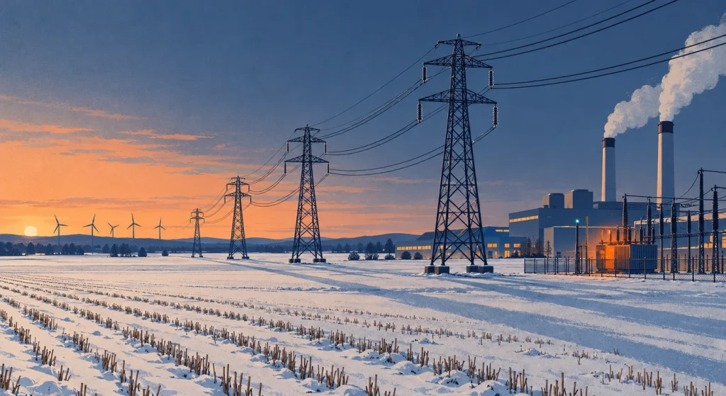 A winter illustration shows transmission towers crossing snowy farmland beside wind turbines, a power station and an illuminated substation at sunset.