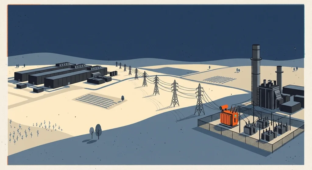A navy, slate and cream illustration shows data-center buildings linked by transmission towers to a power plant and fenced electrical substation.