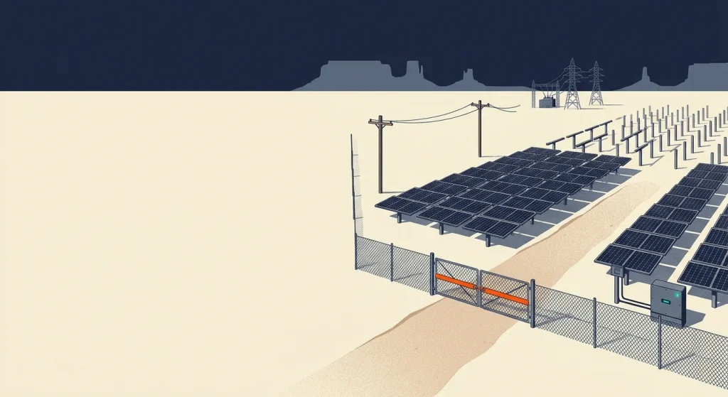A navy, slate, and cream illustration shows a fenced desert solar installation behind a closed gate, with utility poles and transmission towers in the distance.
